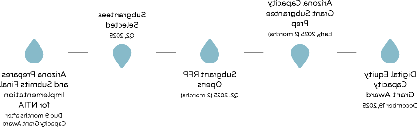 Timeline for Arizona's Digital Equity Capacity Grant process: Grant awarded on December 19, 2025, followed by subgrantee preparation in early 2025 (2 months), RFP opens in Q2 2025 (2 months), subgrantees selected in Q2 2025, and submission of the final implementation plan to NTIA 9 months after the grant award. Steps are marked with blue icons connected by lines.